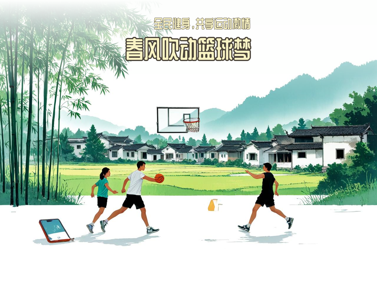 jiuyou.com_ 中国农村地区篮球普及“春风行动”，推动全民健身，春节农村篮球比赛海报